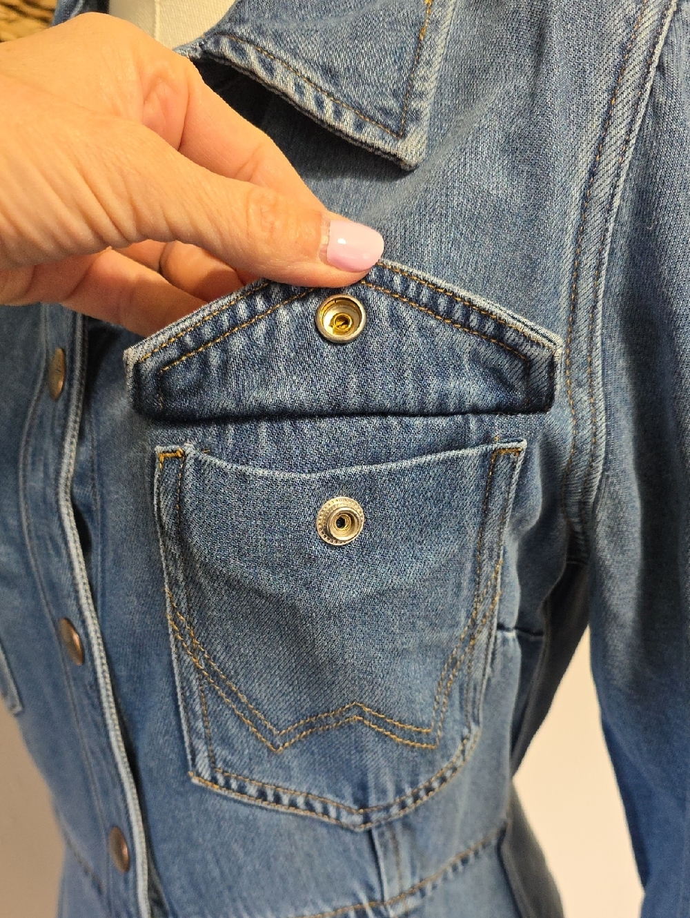 Wrangler Slim Western Cowgirl Blue Denim Long Sleeve Mini Dress Womens XS - Picture 7 of 9